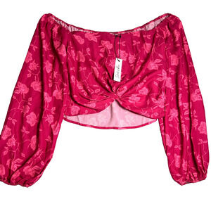 NWT Shades of Rose Off Shoulder Twist Front Crop Top Womens Large Pink Floral